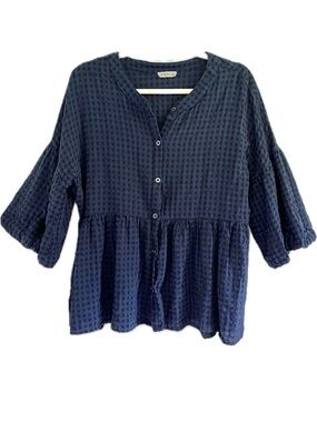 Kori Navy Gauze Textured Button-Front Peplum Puff Sleeve Blouse Top Boho Prairie